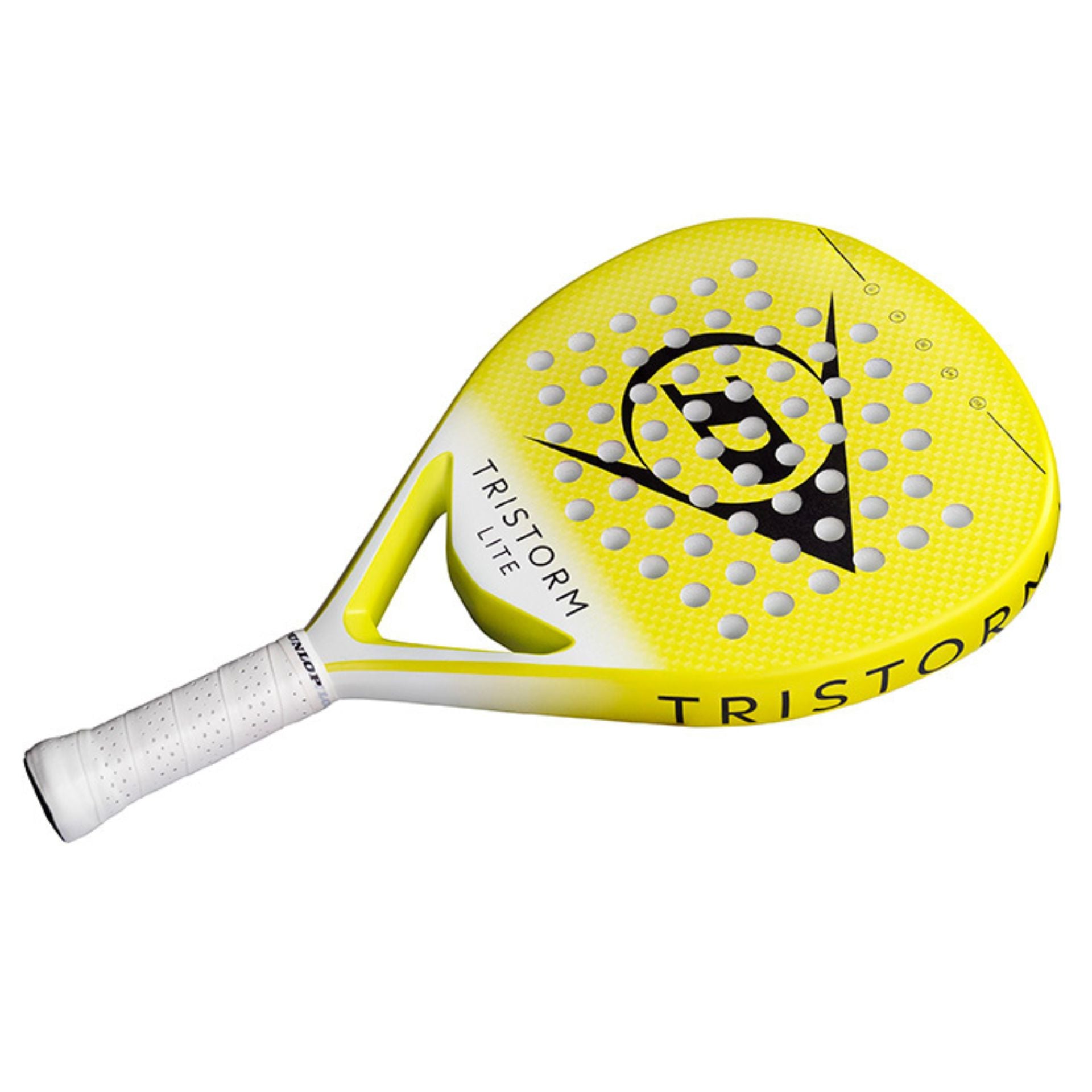 Yellow Dunlop Tristorm Lite padel tennis racket at an angle on a white background.