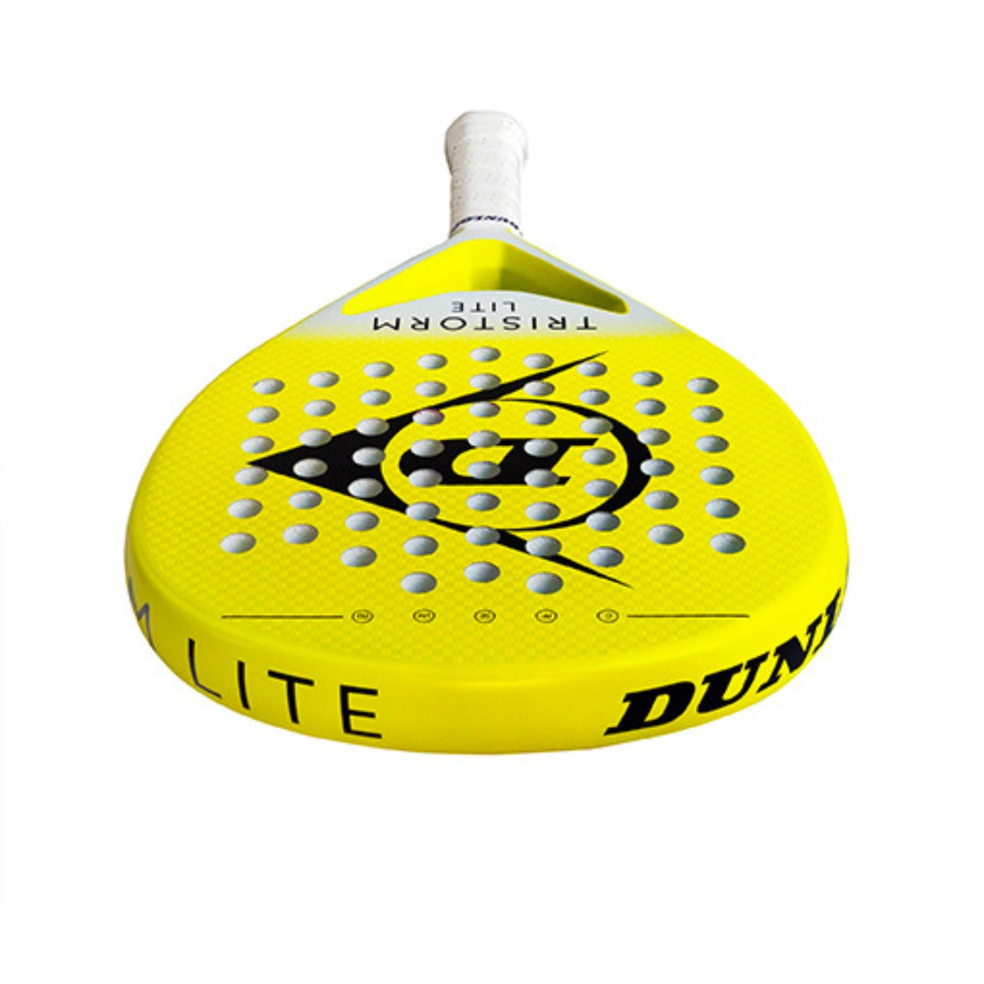 Yellow Dunlop Tristorm Lite padel tennis racket pointing downwards on a white background.