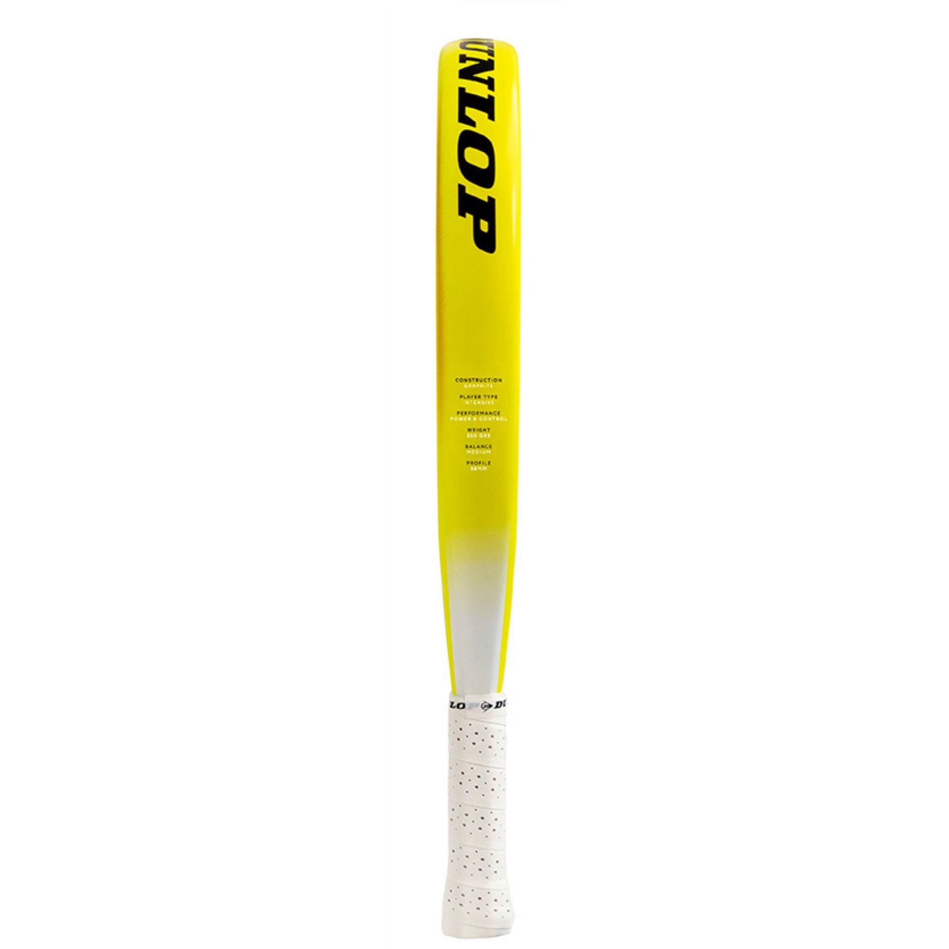 Side of yellow Dunlop Tristorm Lite padel tennis racket on a white background.