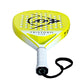 Yellow Dunlop Tristorm Lite padel tennis racket poinitng upwards on a white background.