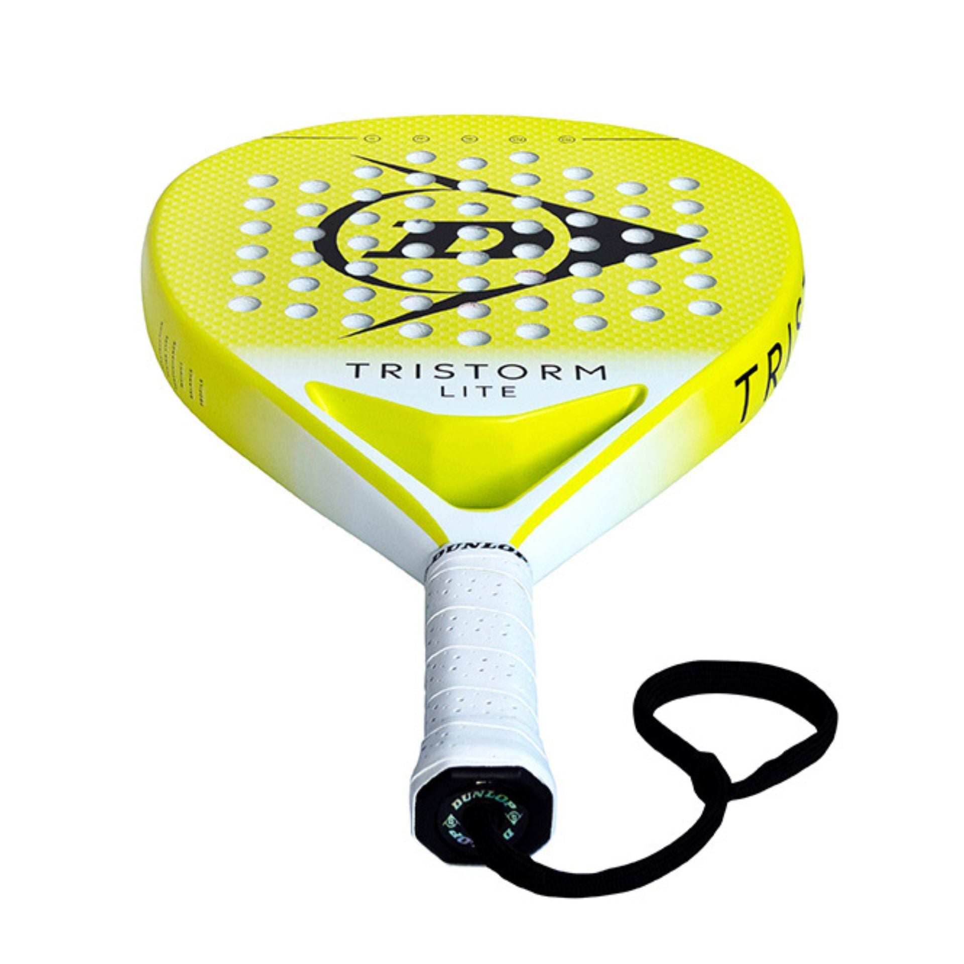 Yellow Dunlop Tristorm Lite padel tennis racket poinitng upwards on a white background.