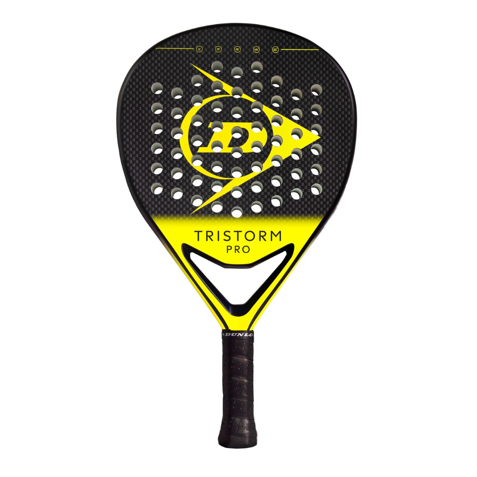 Black and yellow Dunlop padel tennis racket on a white background