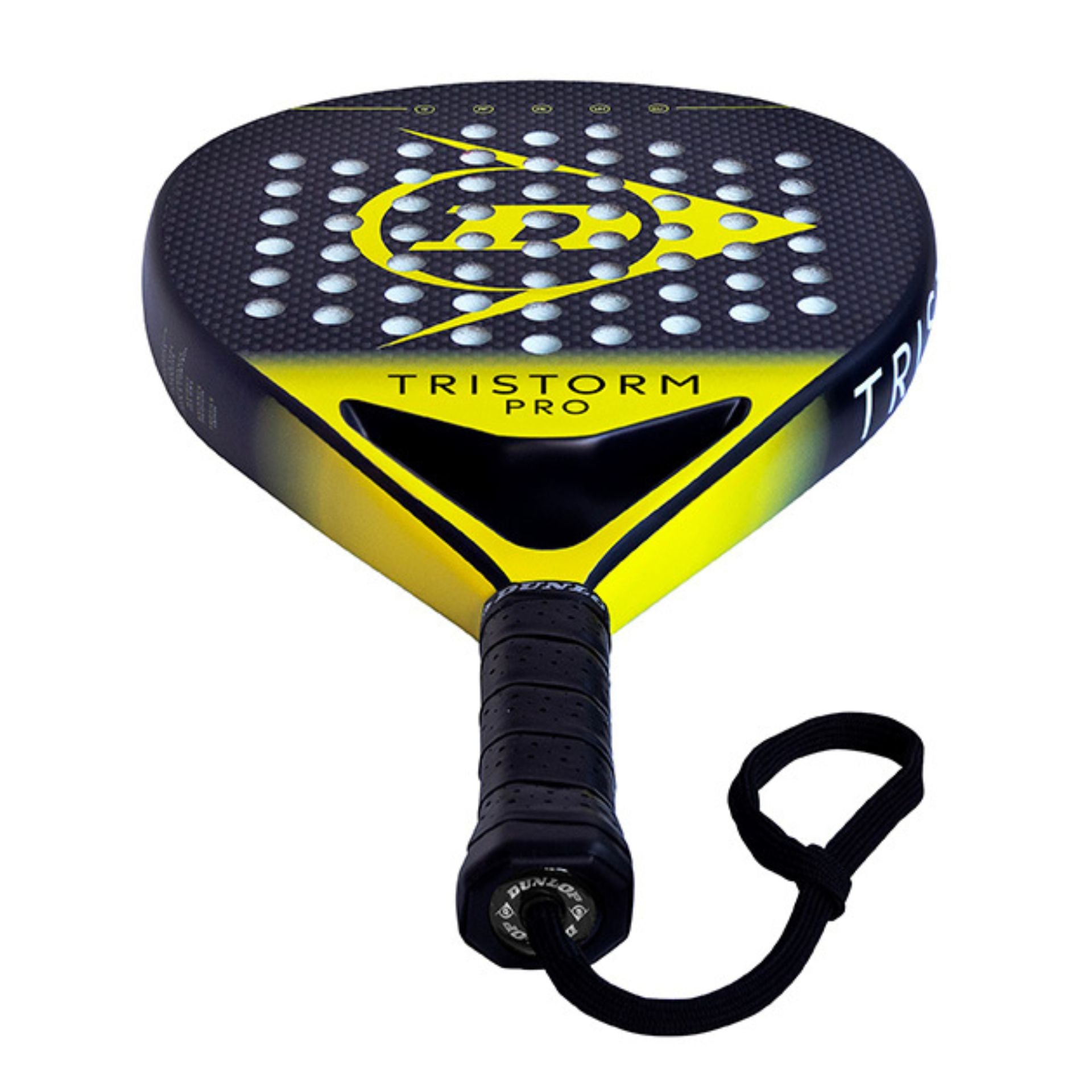 Close up of a black and yellow Dunlop padel tennis racket on a white background