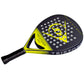 Black and yellow Dunlop padel tennis racket lying on a white background
