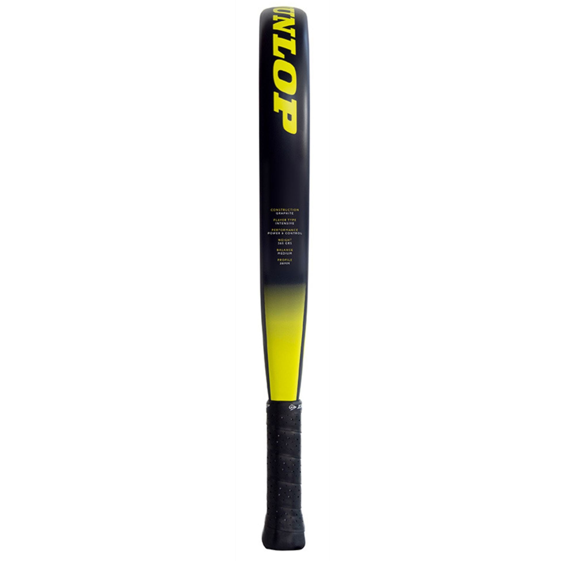Black and yellow Dunlop padel tennis racket side on a white background