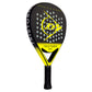 Black and yellow Dunlop padel tennis racket at an angle on a white background