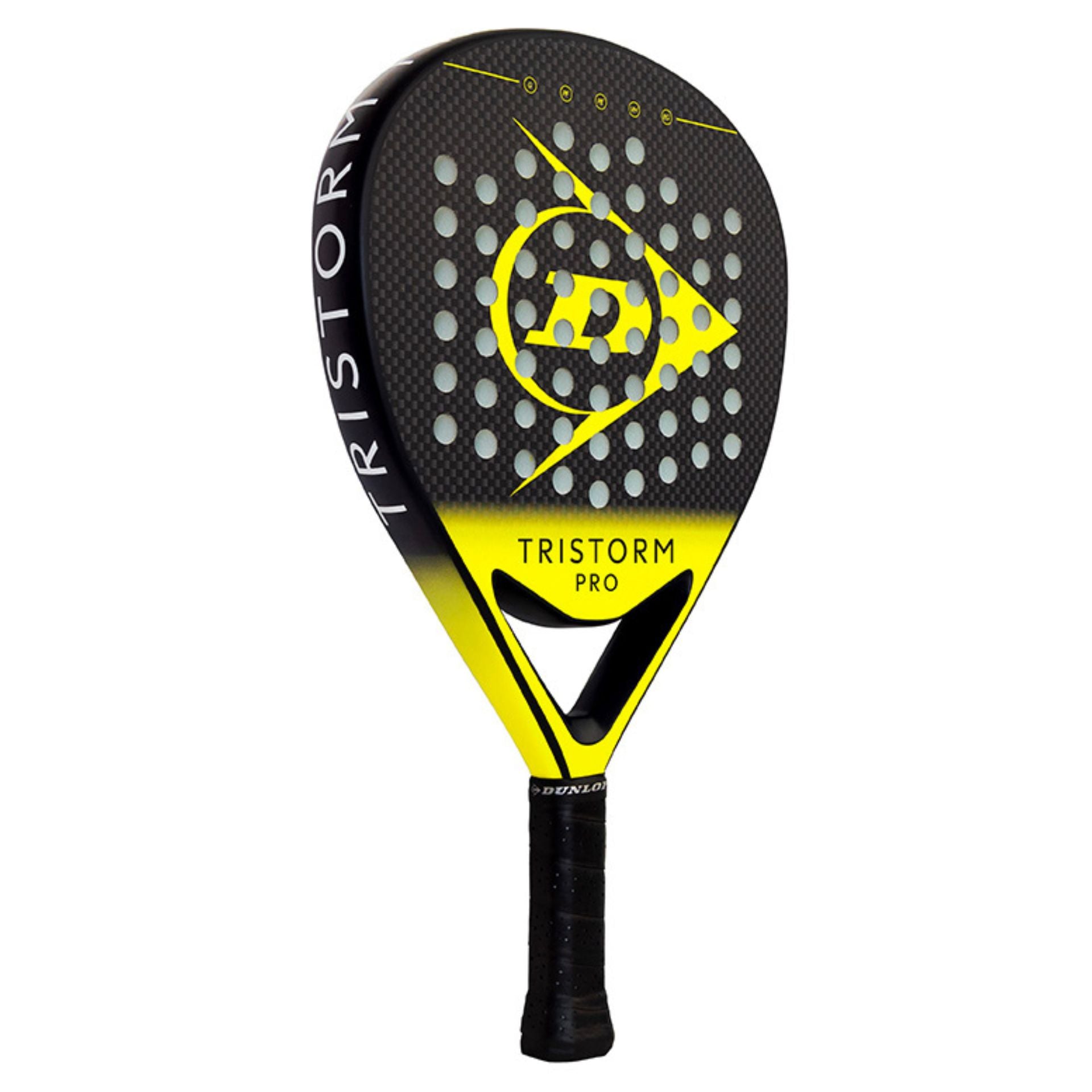 Black and yellow Dunlop padel tennis racket at an angle on a white background