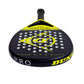 Black and yellow Dunlop padel tennis racket upside down on a white background