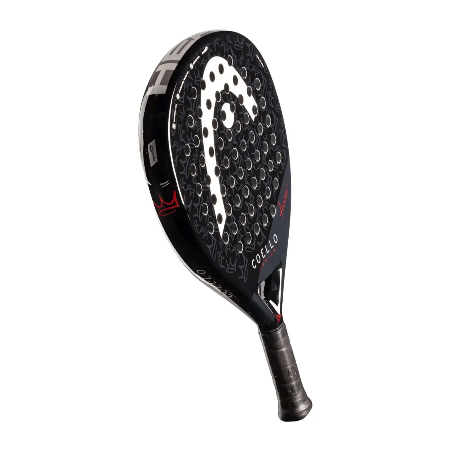 Black Head junior padel racket with a white logo on a white background.
