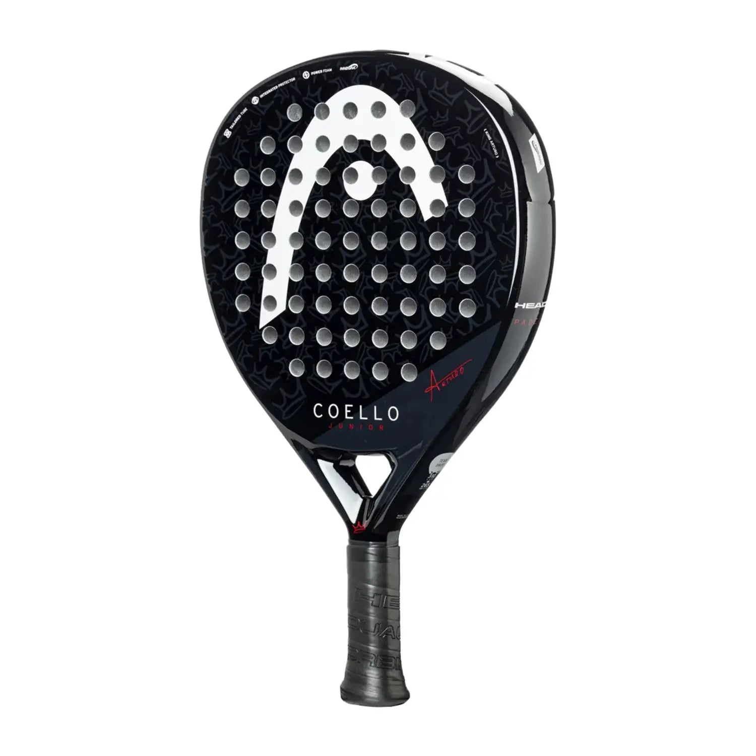 Black Head junior padel racket with a white logo on a white background.