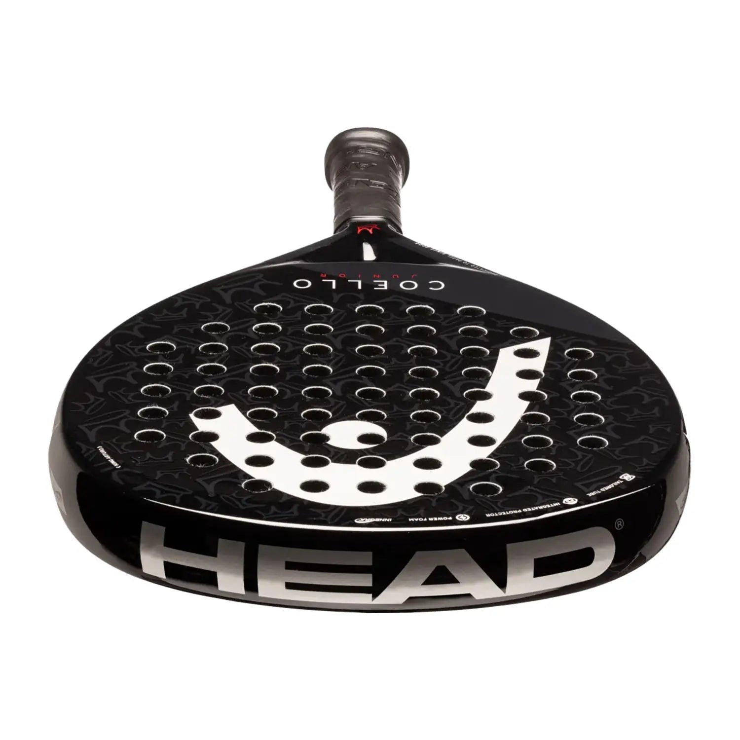 The top of a black Head junior padel racket with a white logo on a white background.