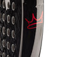 Close up of a black Head junior padel racket with a red crown on a white background.