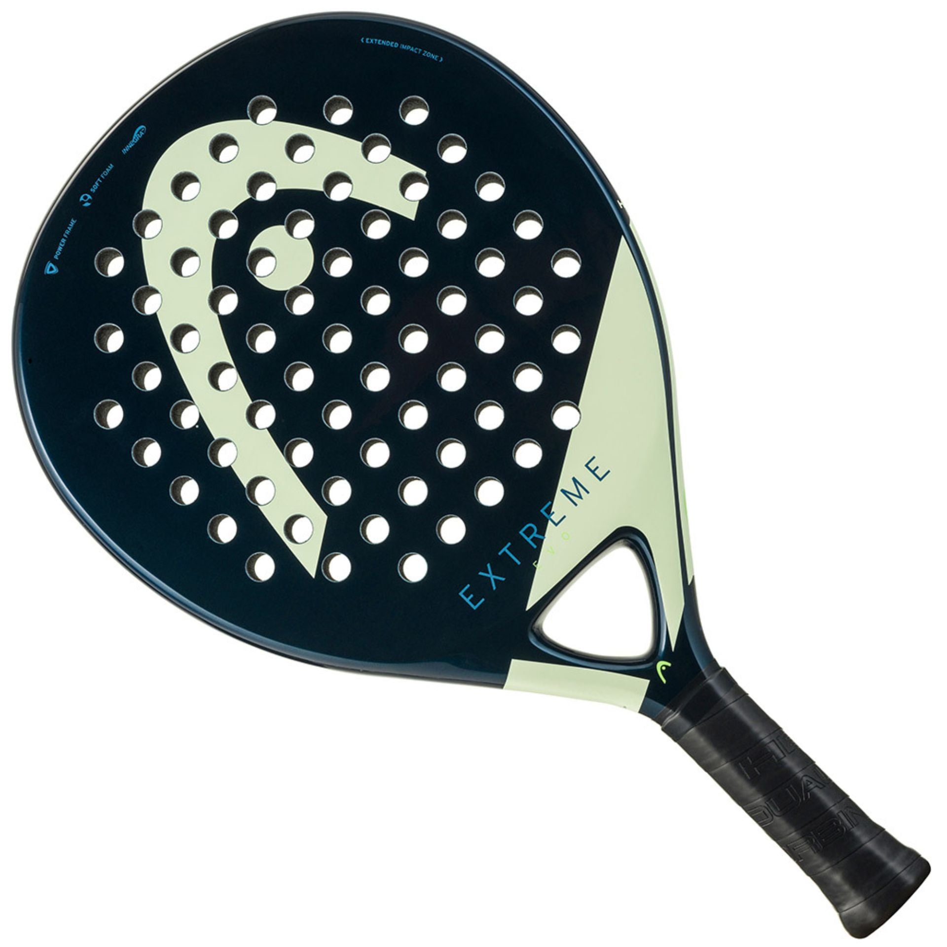 Head Evo Extreme padel tennis racket at an angle on a white background, with green branding and dark colour.