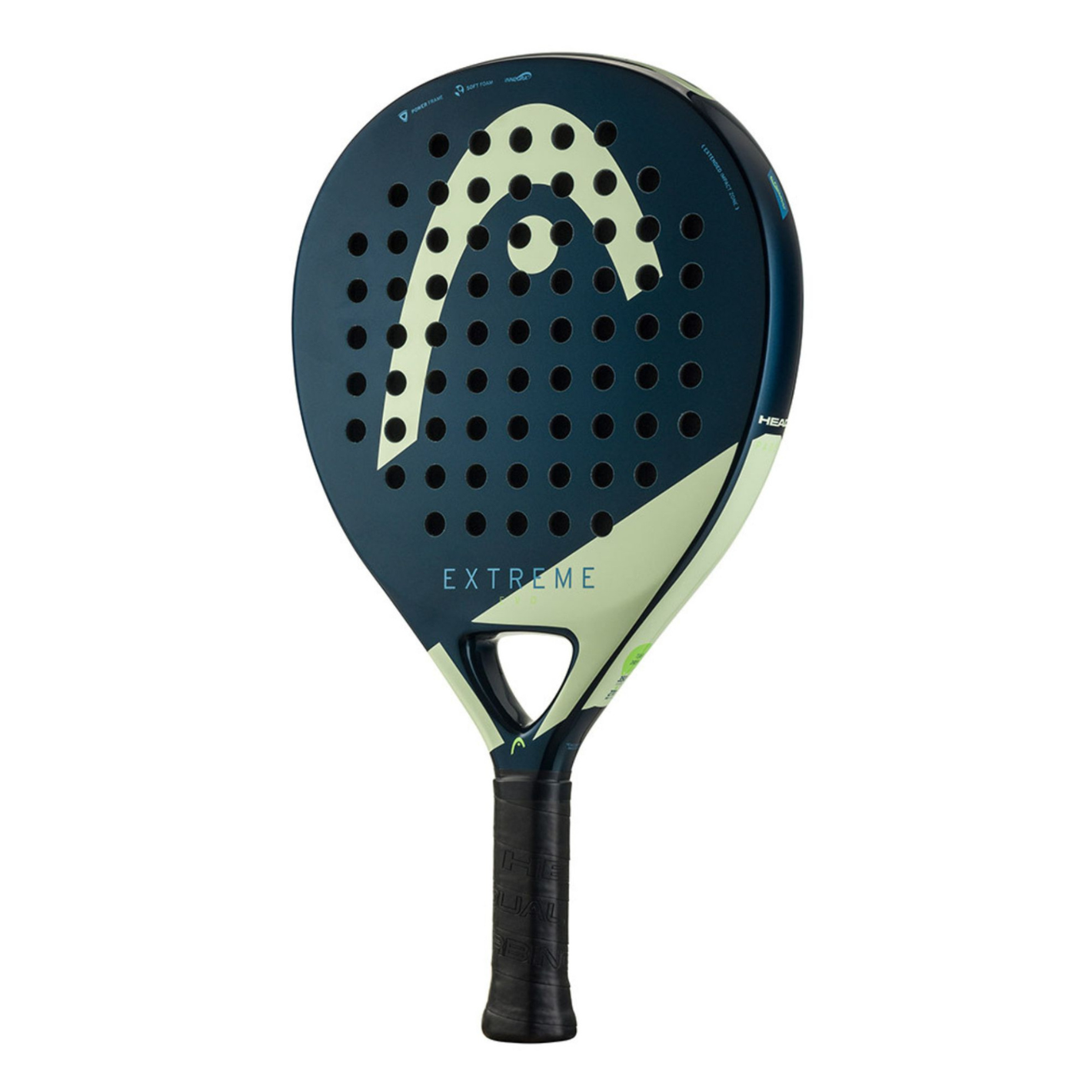 Head Evo Extreme padel racket, dark blue with light green branding on a white background.