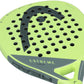 The face of a lime green Head junior padel racket with black branding on a white background.
