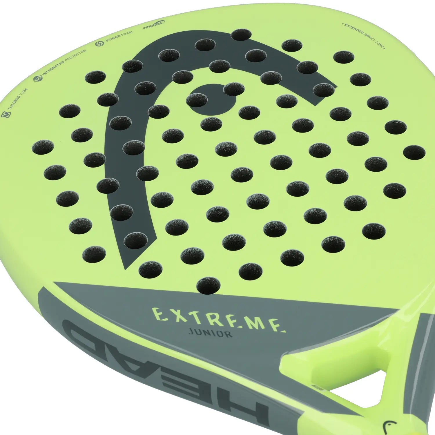 The face of a lime green Head junior padel racket with black branding on a white background.