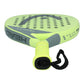 The handle of a lime green Head junior padel racket with black branding on a white background.