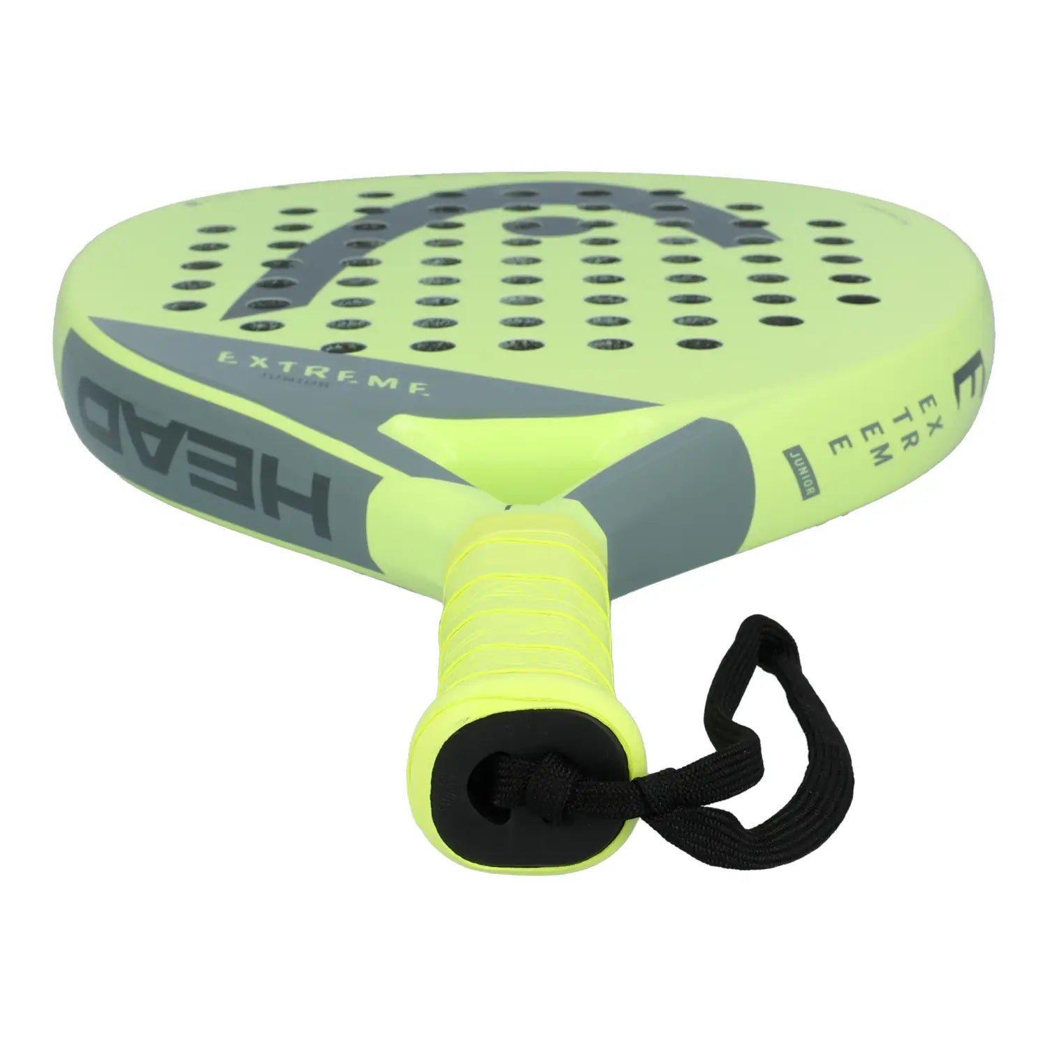 The handle of a lime green Head junior padel racket with black branding on a white background.
