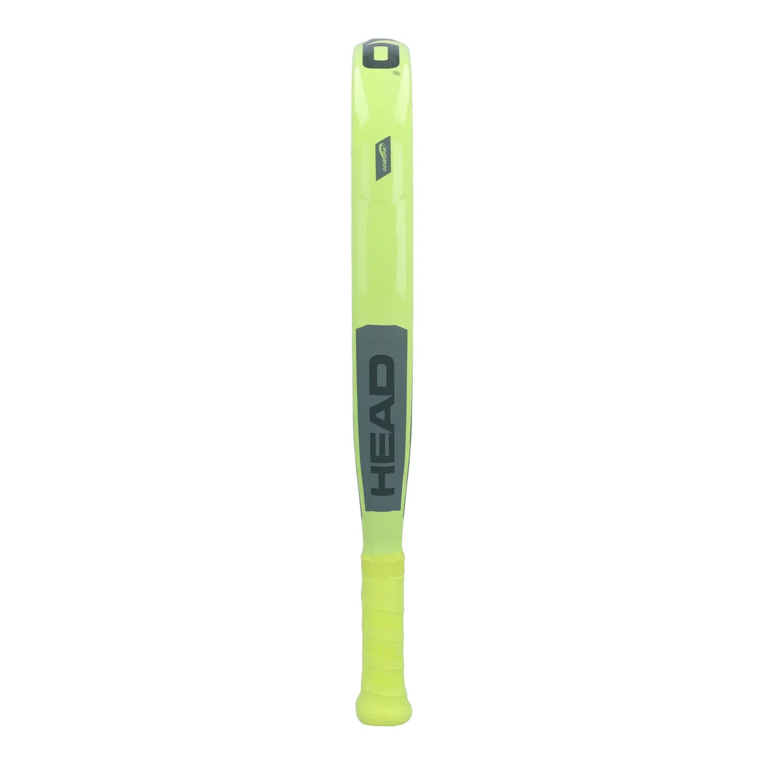 The side of a lime green Head junior padel racket with black branding on a white background.