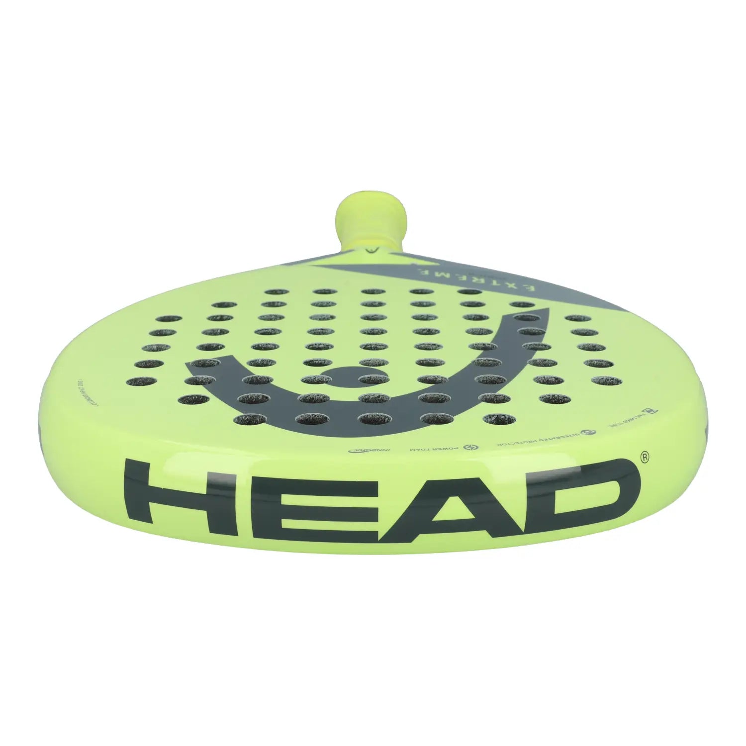 The top of a lime green Head junior padel racket with black branding on a white background.