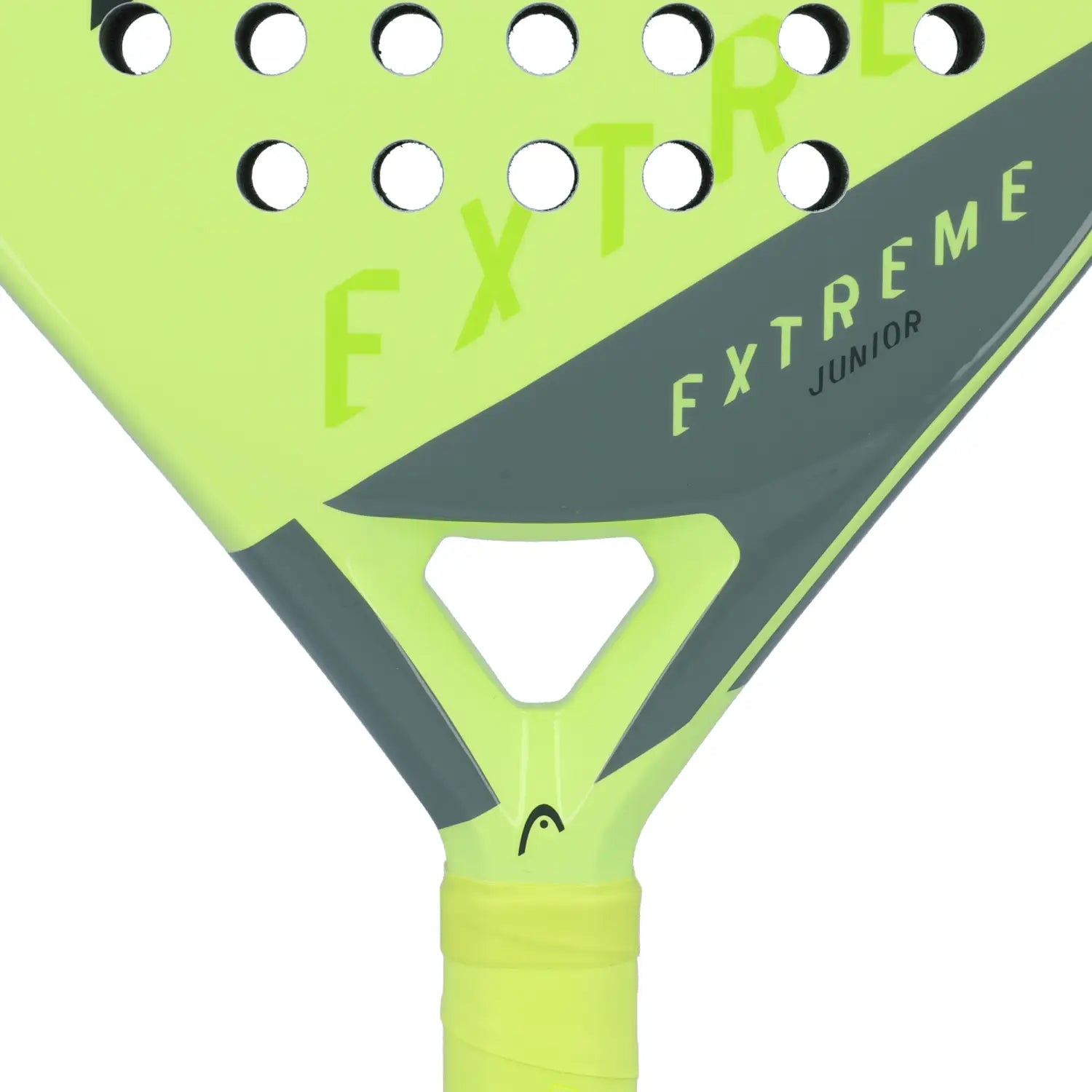 Close-up of a lime green Head junior padel racket with black branding on a white background.