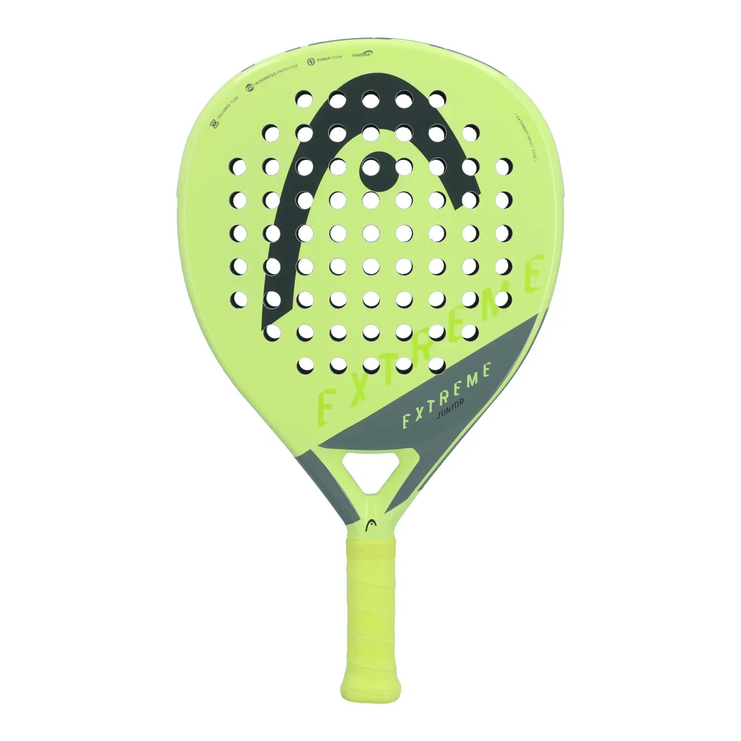Lime green Head junior padel racket with black branding on a white background.