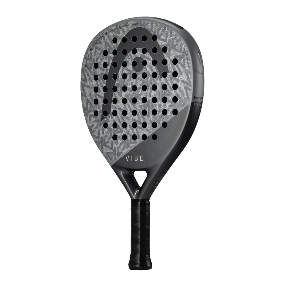 A black and grey Head padel racket on a white background.