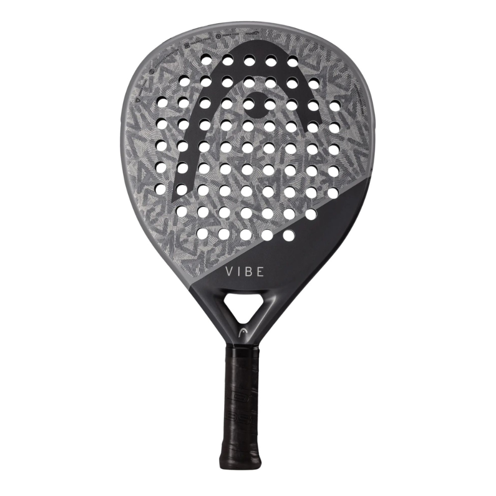 A black and grey Head padel racket on a white background.