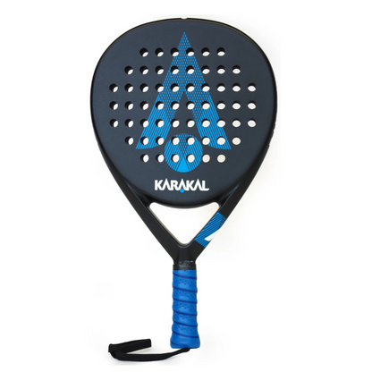 Black and blue Karakal padel tennis racket on a white background.