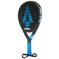 Side of a black and blue Karakal padel tennis racket on a white background.