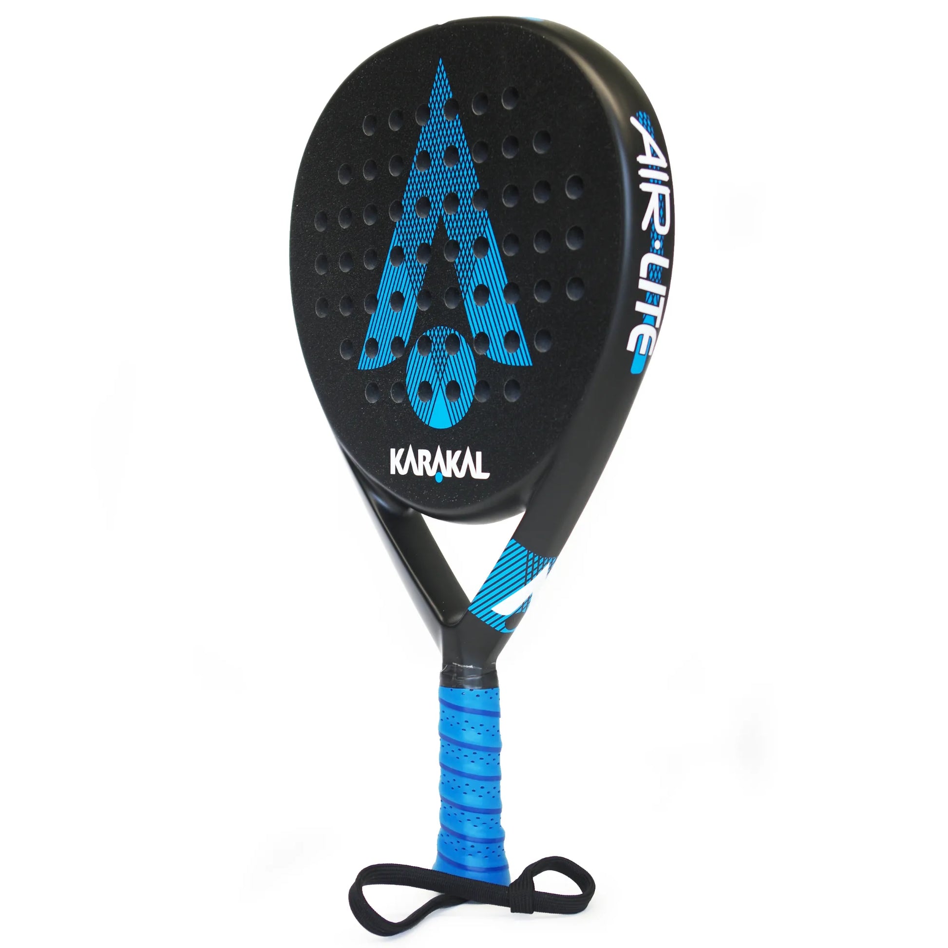 Side of a black and blue Karakal padel tennis racket on a white background.