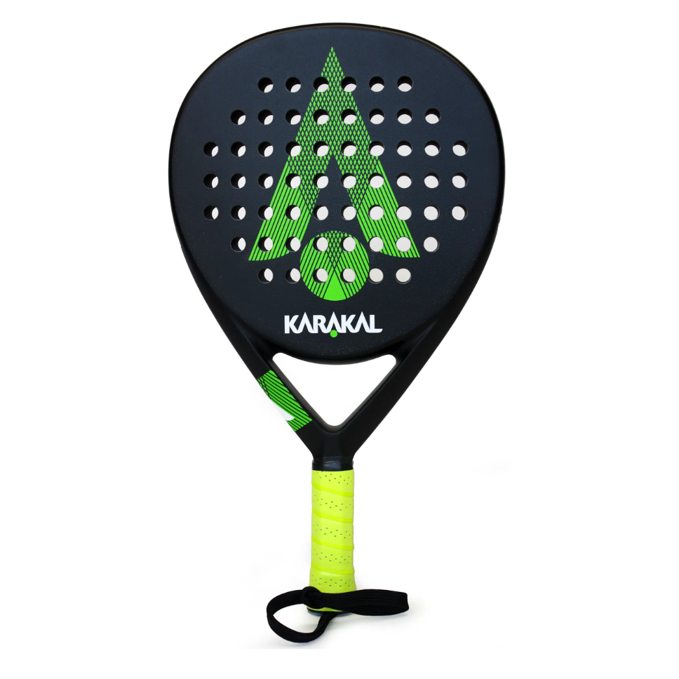 Black and green Karakal padel tennis racket on a white background.