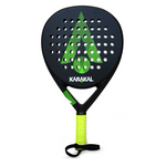 Black and green Karakal padel tennis racket on a white background.
