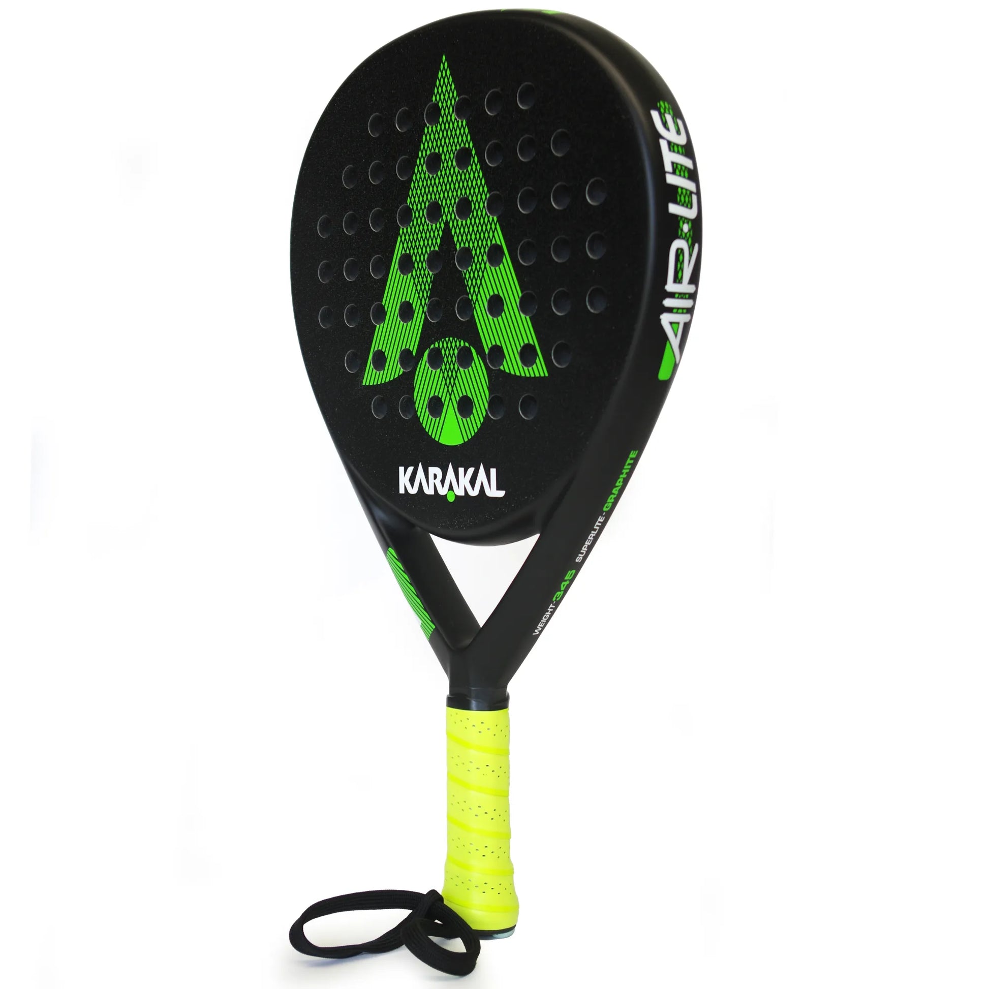 Side view of a black and green Karakal padel tennis racket on a white background.