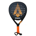 Black and orange Karakal padel tennis racket on a white background.