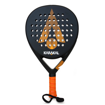Black and orange Karakal padel tennis racket on a white background.