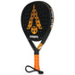 Side view of a black and orange Karakal padel tennis racket on a white background.