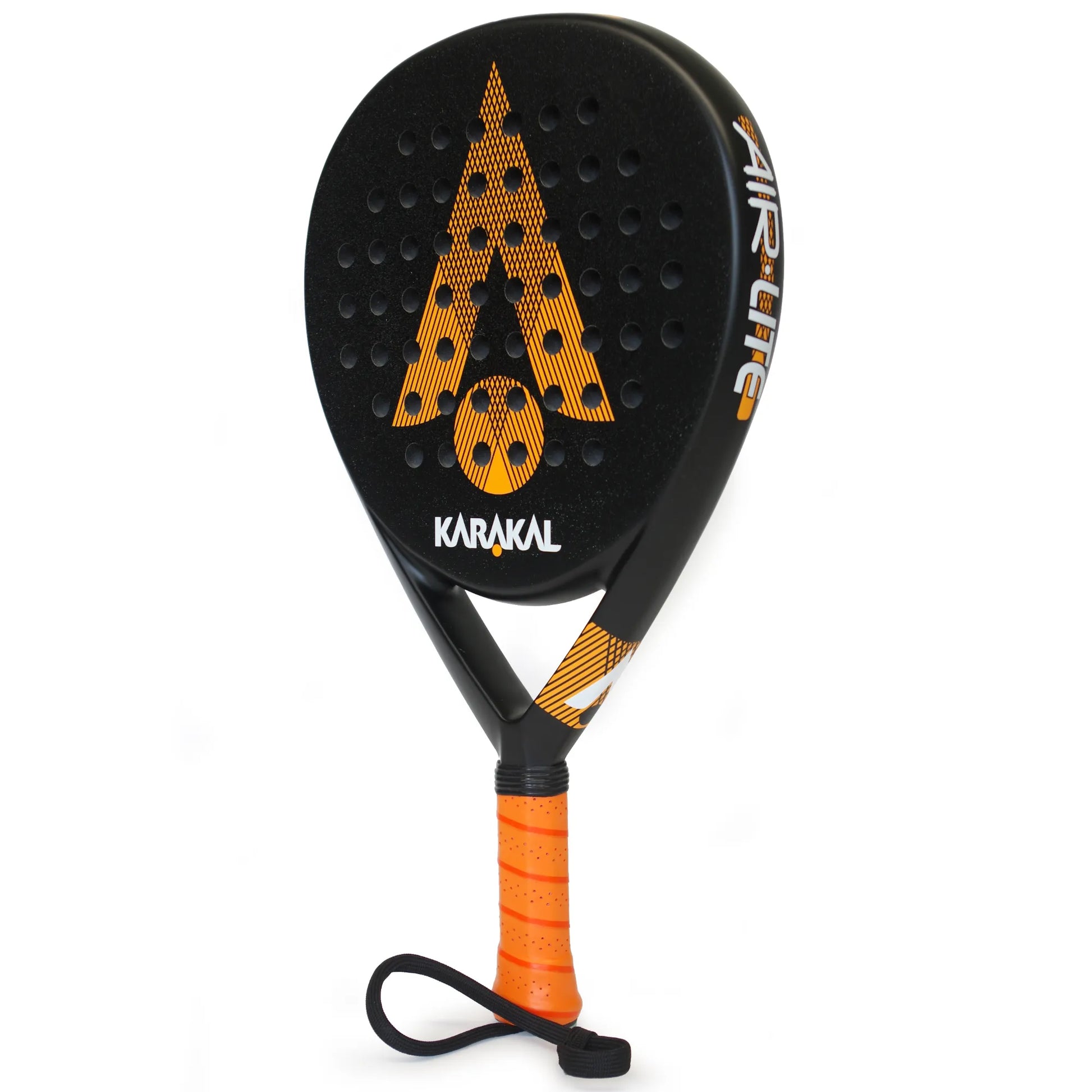 Side view of a black and orange Karakal padel tennis racket on a white background.