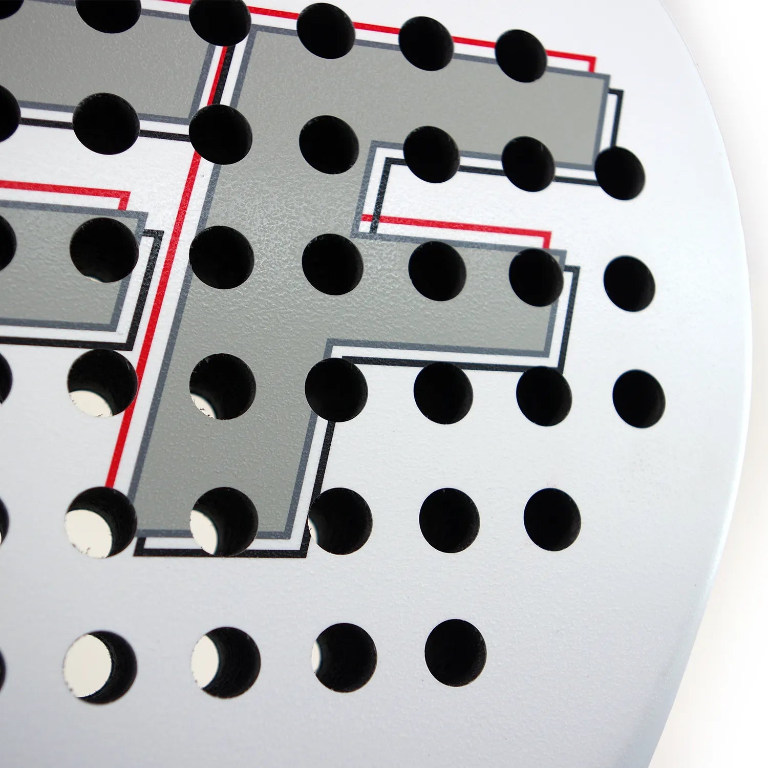 Close up of the face of a matte white Karakal padel tennis racket.