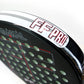 Close up of a black and red Karakal padel tennis racket on a white background.