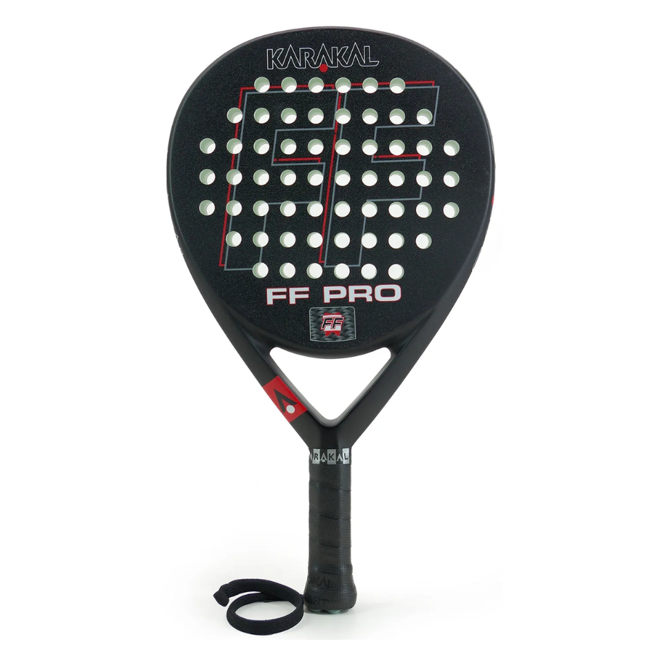 Black and red Karakal padel tennis racket on a white background.