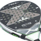 The face of a Nox AT10 padel racket with a silver and lime green design on a white background.