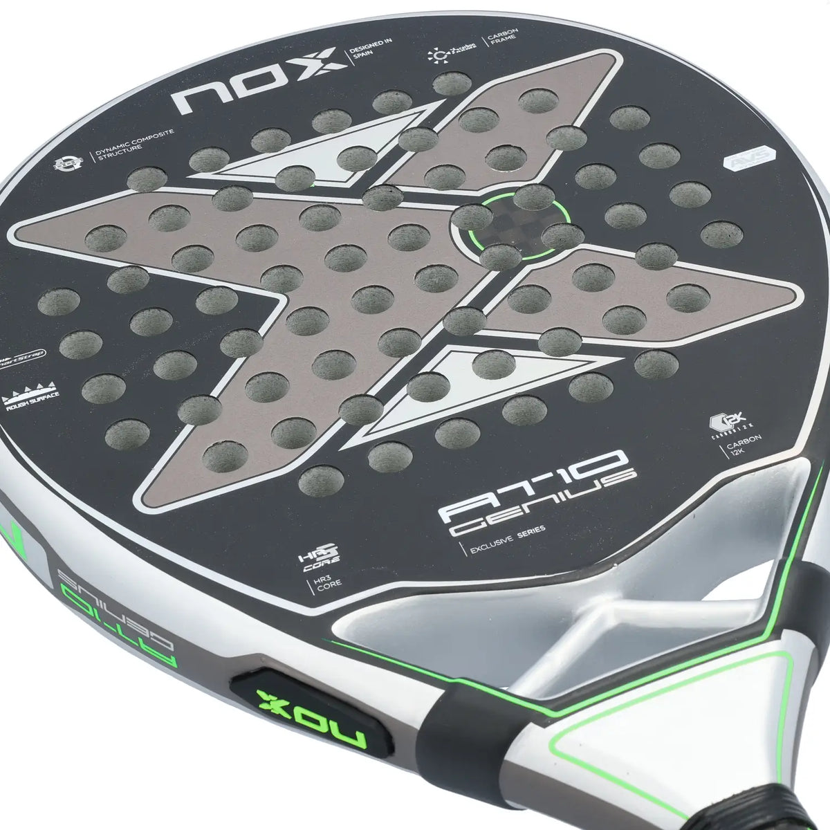 The face of a Nox AT10 padel racket with a silver and lime green design on a white background.