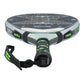 The handle of a Nox AT10 padel racket with a silver and lime green design on a white background.