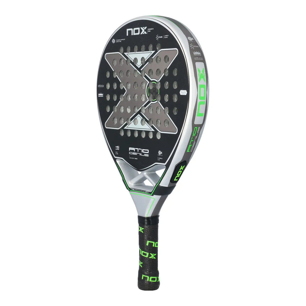 A Nox AT10 padel racket with a silver and lime green design on a white background.