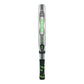 The side of a Nox AT10 padel racket with a silver and lime green design on a white background.
