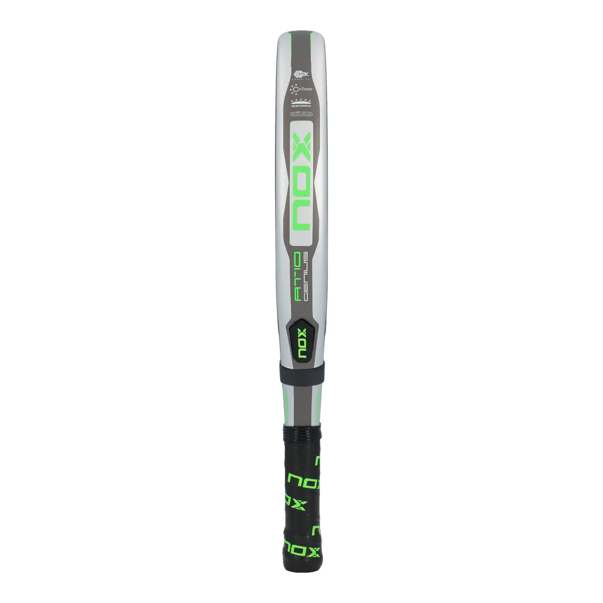 The side of a Nox AT10 padel racket with a silver and lime green design on a white background.
