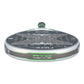 The top of a Nox AT10 padel racket with a silver and lime green design on a white background.