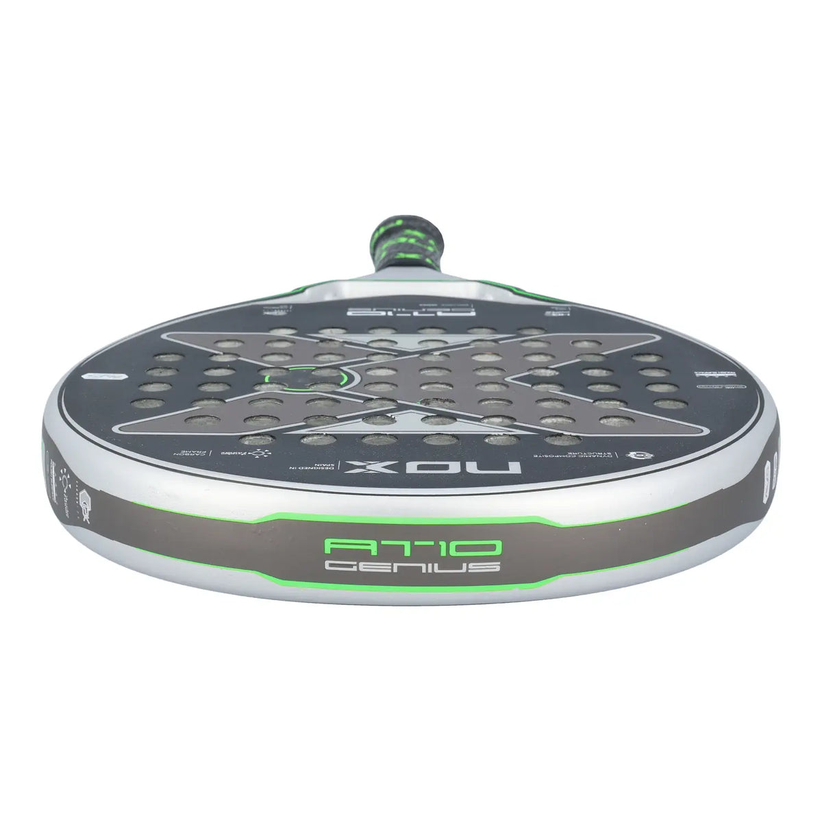 The top of a Nox AT10 padel racket with a silver and lime green design on a white background.