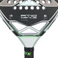 Close-up of a Nox AT10 padel racket with a silver and lime green design on a white background.